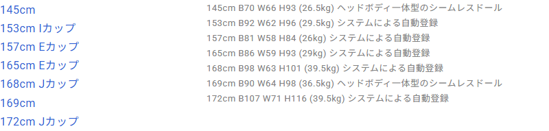 ラブドールDBに登録されたRainstorm Dollのボディ7体の一覧。157cm26kgから172cm39.5kgまでの重量と、ヘッドボディ一体型という注記が並ぶ