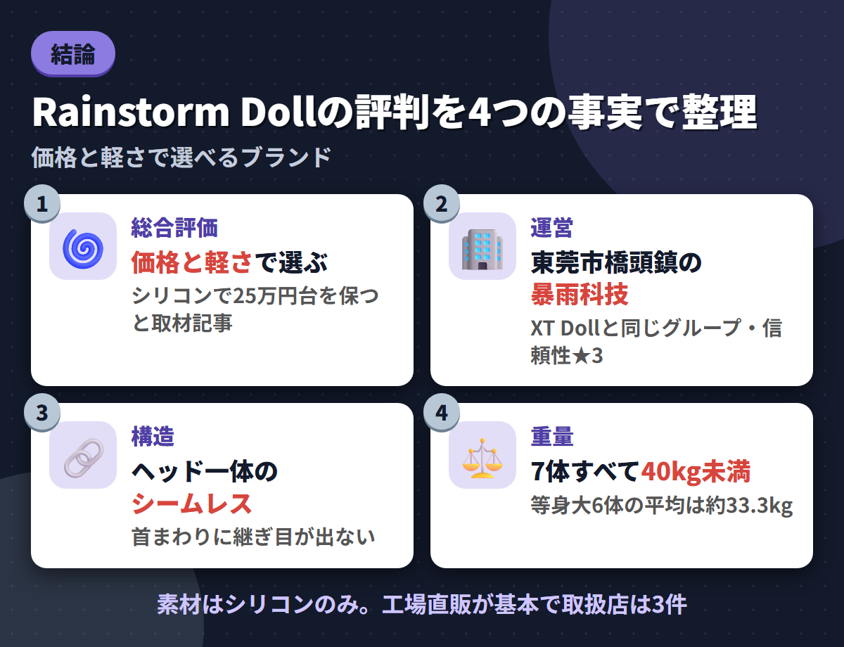Rainstorm Dollの総合評価・暴雨科技という運営・シームレス構造・7体すべて40kg未満という4つの事実を並べた結論まとめ図