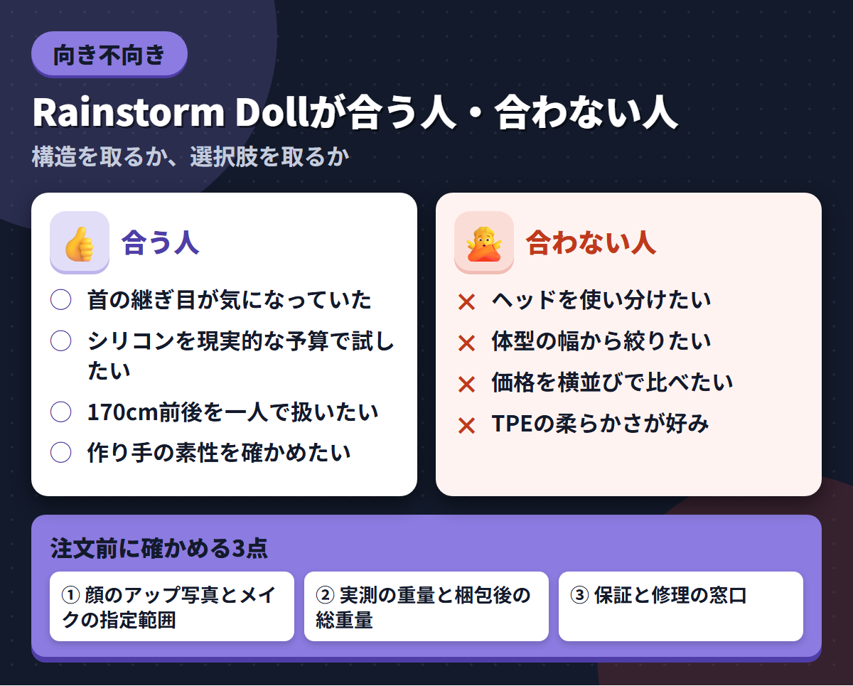Rainstorm Dollが合う人と合わない人の条件を左右に対比し、注文前に確かめる3点を添えた図解