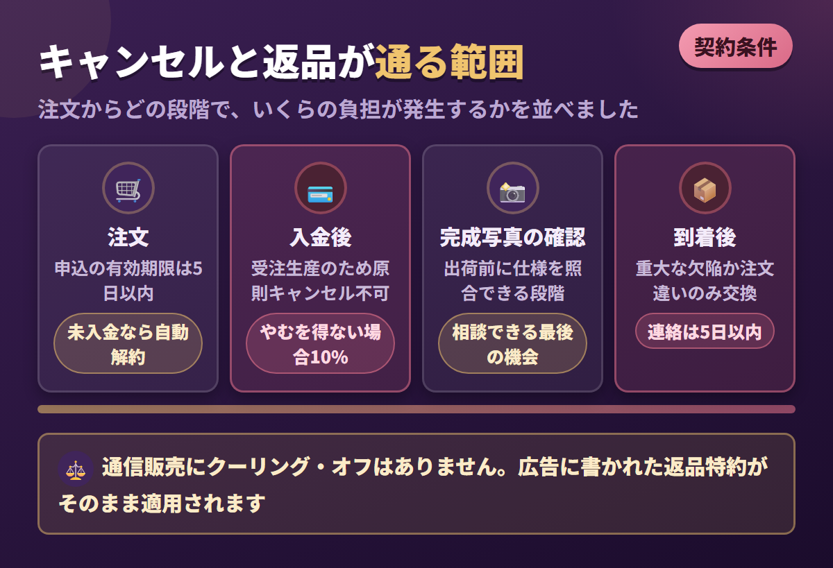 ラモンドールの注文から到着後5日までのキャンセル料と返品条件を時系列で示した図解