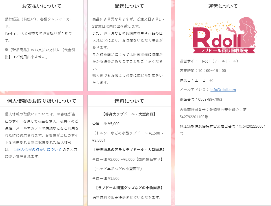 Rdollが掲示する古物商許可番号と無店舗型性風俗特殊営業届出番号と営業時間の記載