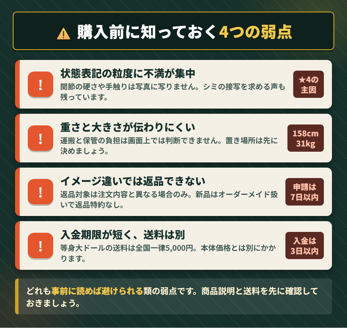 Rdollの状態表記の粒度と重量と返品条件と入金期限という4つの弱点を並べた注意点の図解