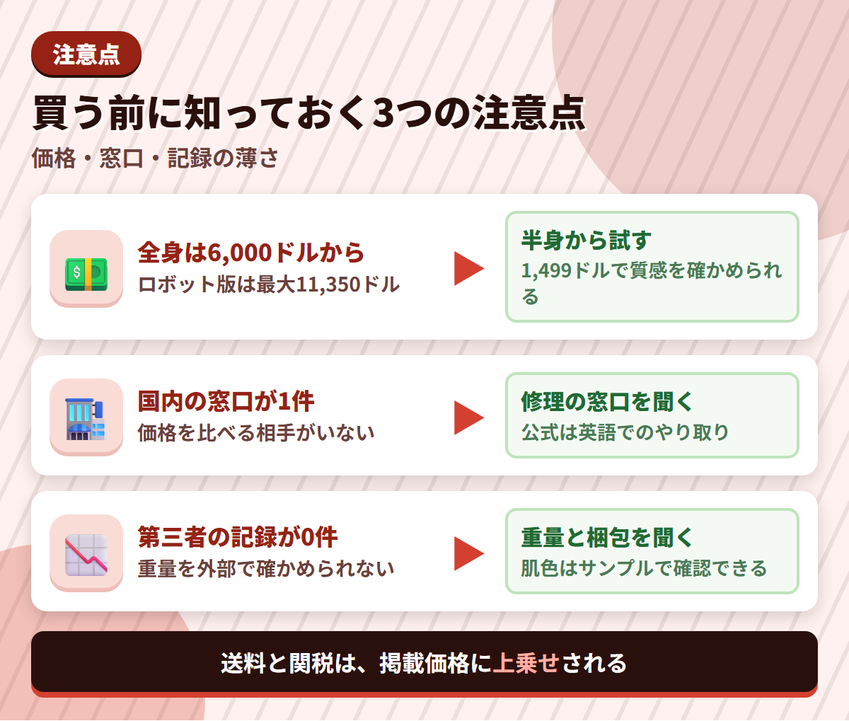 RealDollの注意点である価格の高さ・国内窓口の少なさ・第三者記録の不足と、その対策を並べた図解
