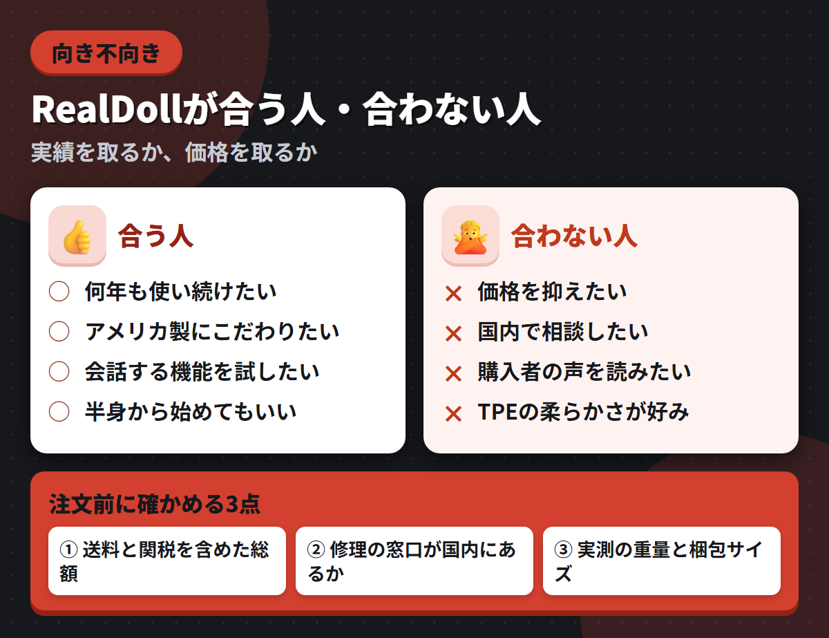 RealDollが合う人と合わない人の条件を左右に対比し、注文前に確かめる3点を添えた図解
