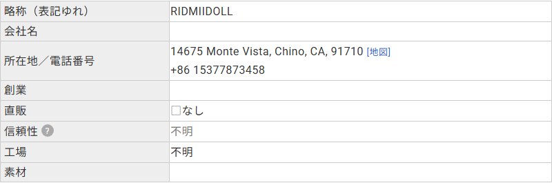 ラブドールDBに登録されたRIDMIIのプロフィール。所在地はアメリカ・カリフォルニア州チノの住所で、会社名・創業・素材の欄は空欄と記載されている