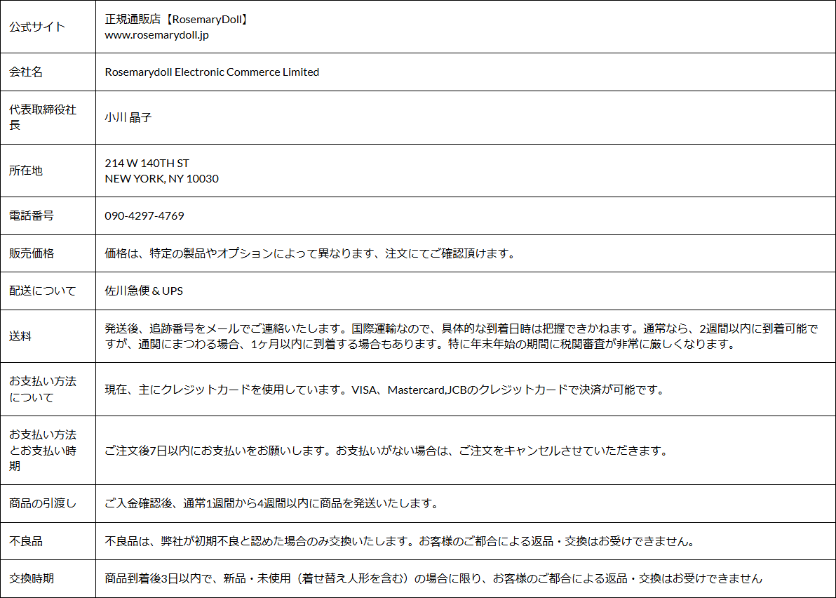 Rosemary DOLLの特定商取引法に基づく表示に記載された会社名と所在地