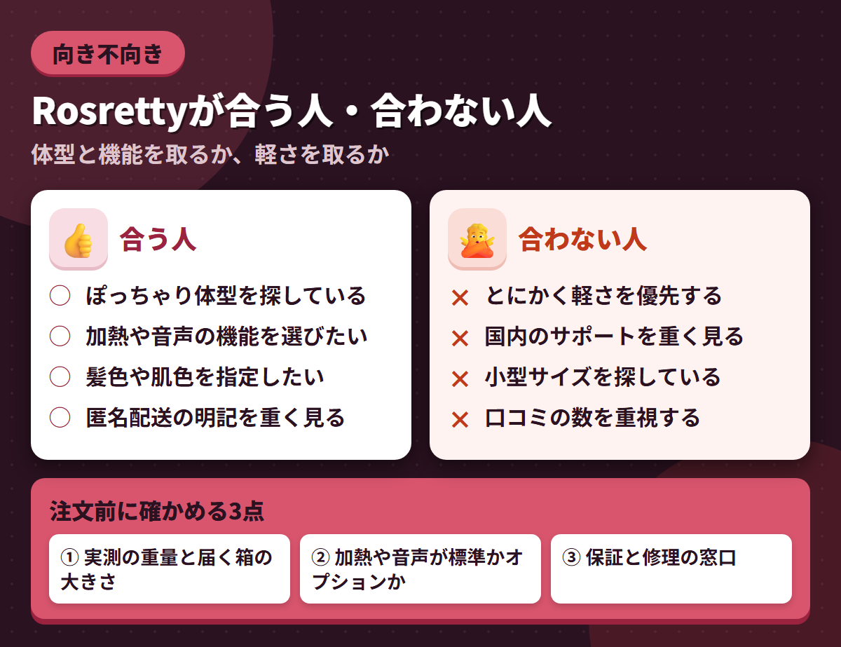 Rosrettyが合う人と合わない人の条件を左右に対比し、注文前に確かめる3点を添えた図解