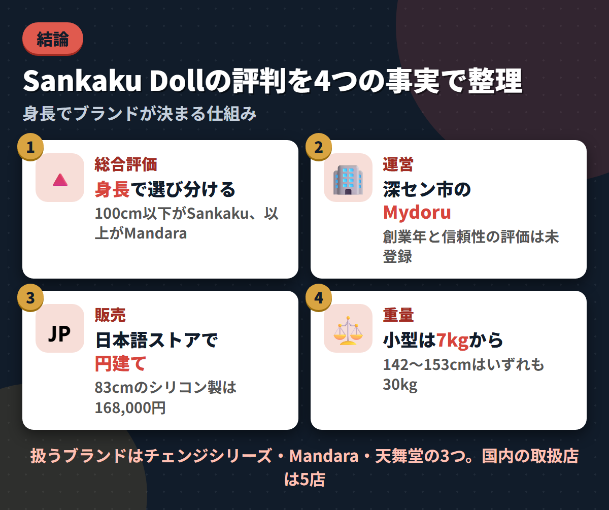 Sankaku Dollの総合評価・深センの運営会社・日本語ストア・小型7kgからという4つの事実を並べた結論まとめ図