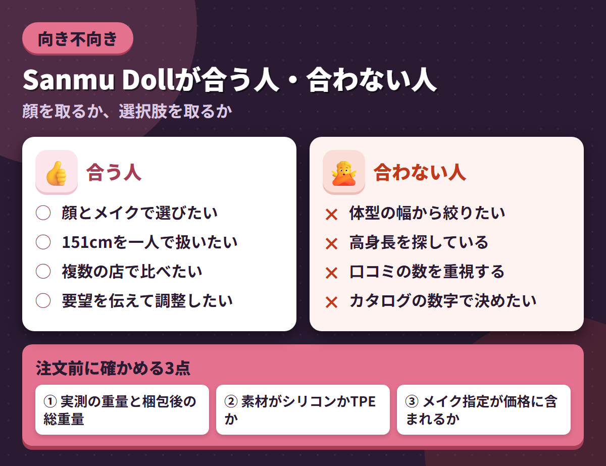 Sanmu Dollが合う人と合わない人の条件を左右に対比し、注文前に確かめる3点を添えた図解