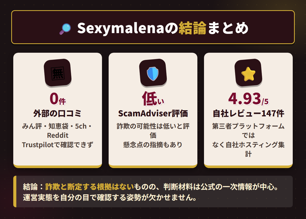 Sexymalenaの外部口コミ0件、ScamAdviser評価、自社レビュー4.93点を並べた結論まとめ図