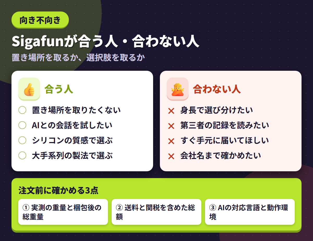 Sigafunが合う人と合わない人の条件を左右に対比し、注文前に確かめる3点を添えた図解
