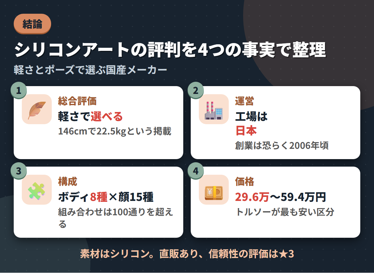 シリコンアートの総合評価・日本の工場・ボディ8種と顔15種・価格帯という4つの事実を並べた結論まとめ図