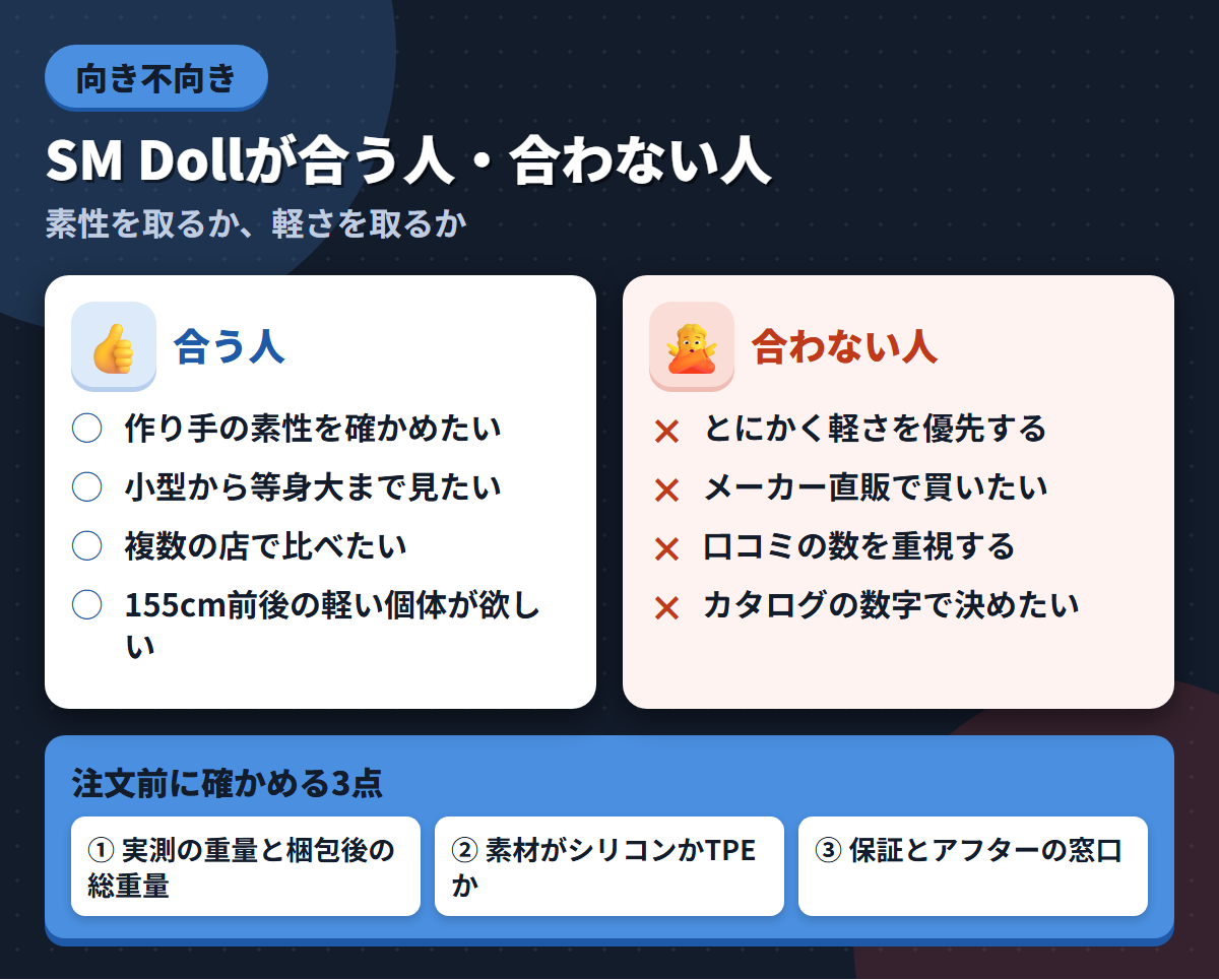 SM Dollが合う人と合わない人の条件を左右に対比し、注文前に確かめる3点を添えた図解