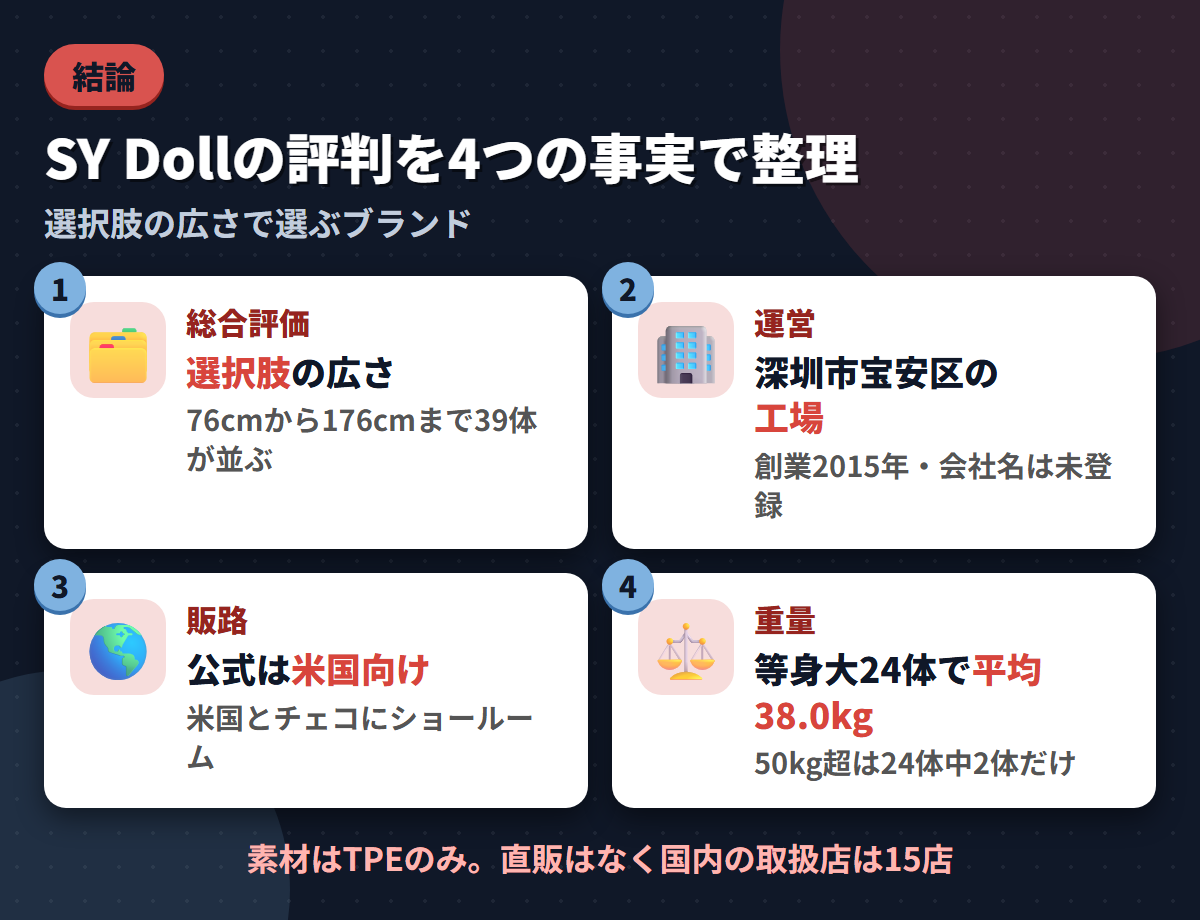 SY Dollの総合評価・深圳の工場・米国向けの販路・等身大24体平均38.0kgという4つの事実を並べた結論まとめ図