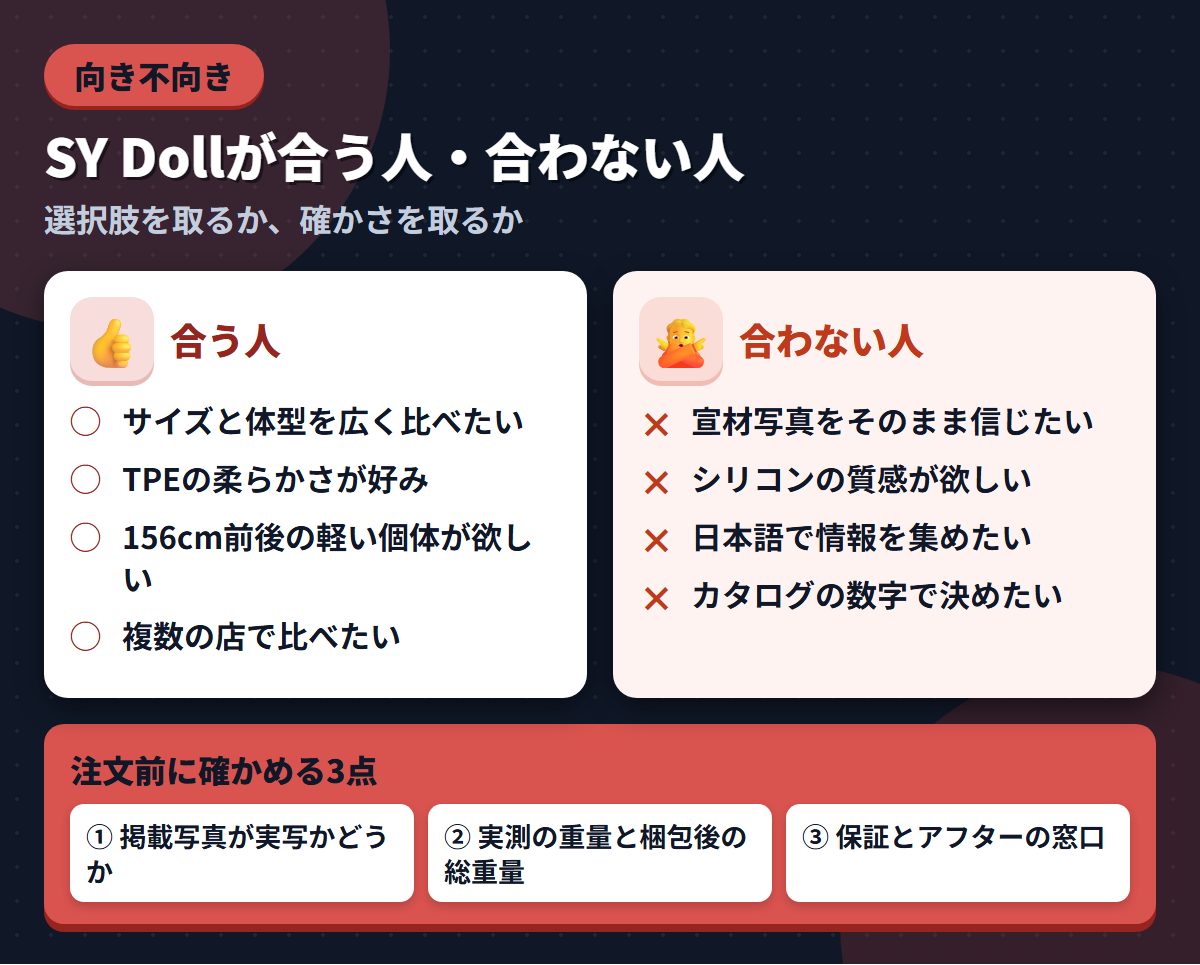 SY Dollが合う人と合わない人の条件を左右に対比し、注文前に確かめる3点を添えた図解