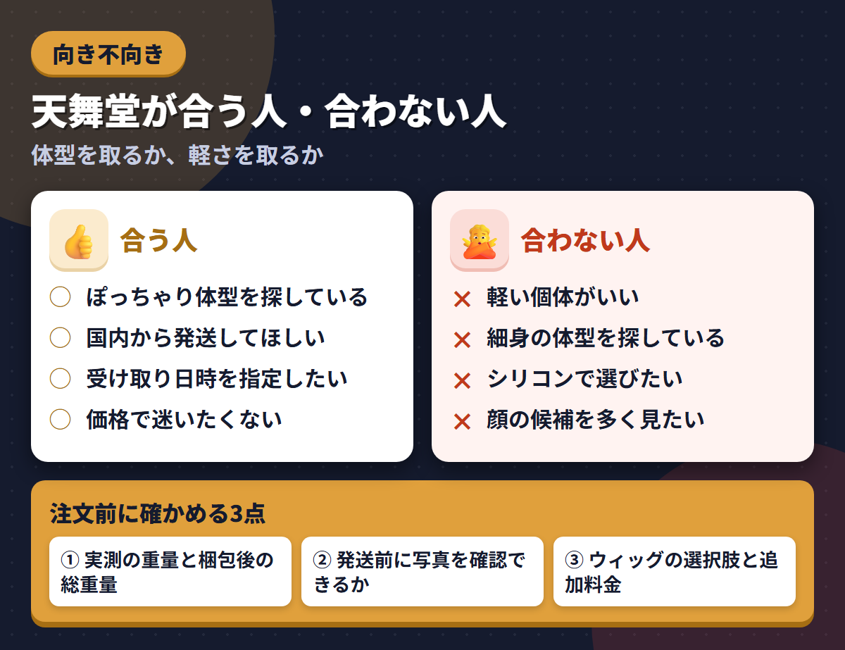 天舞堂が合う人と合わない人の条件を左右に対比し、注文前に確かめる3点を添えた図解