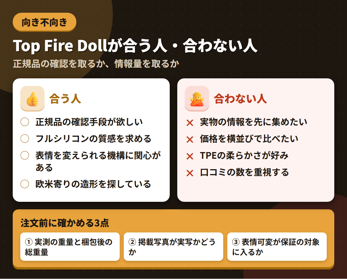 Top Fire Dollが合う人と合わない人の条件を左右に対比し、注文前に確かめる3点を添えた図解