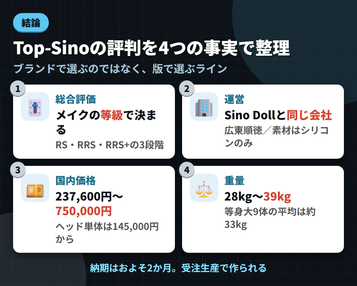 Top-Sinoの総合評価・Sino Dollと同じ運営会社・237,600円から750,000円という国内価格・28kgから39kgの重量を並べた結論まとめ図