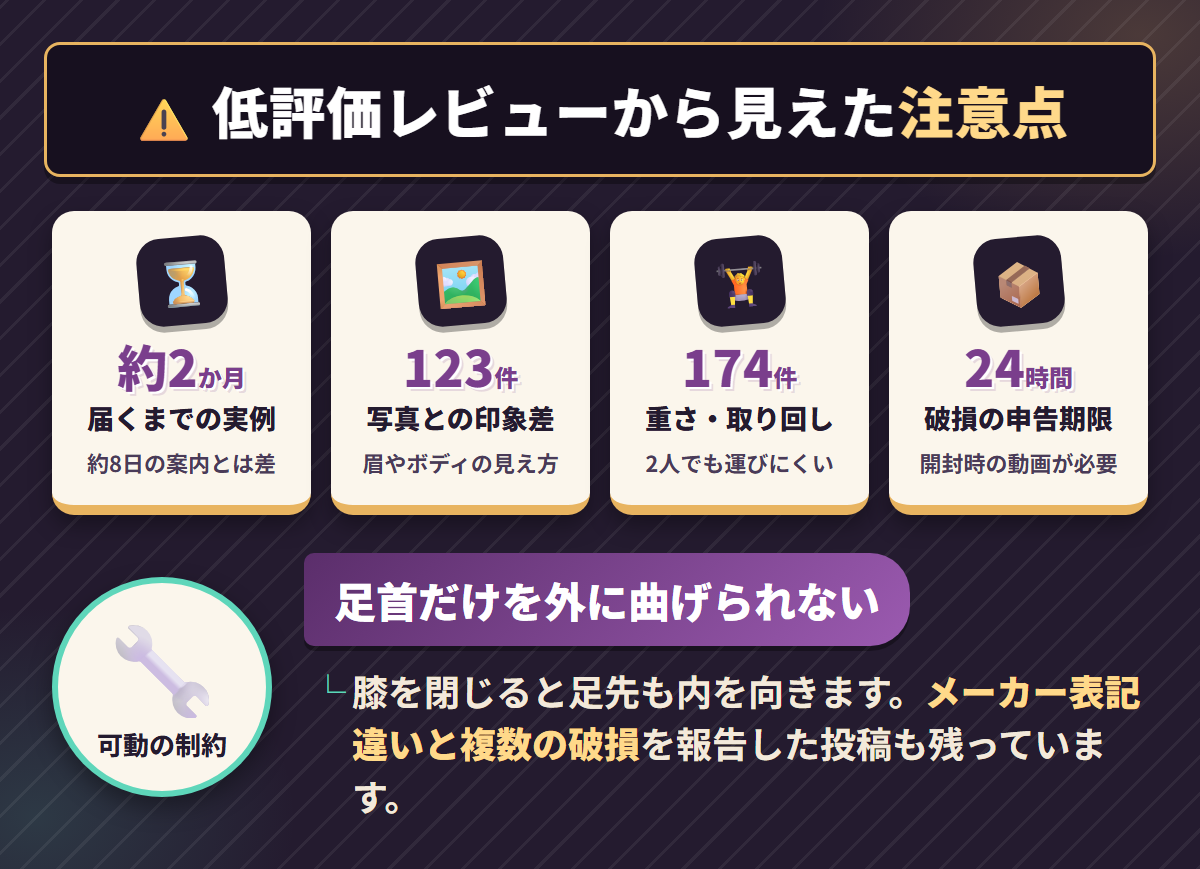 tpdollの低評価レビューから抽出した納期約2か月・写真との差123件・重さ174件・申告期限24時間の注意点図