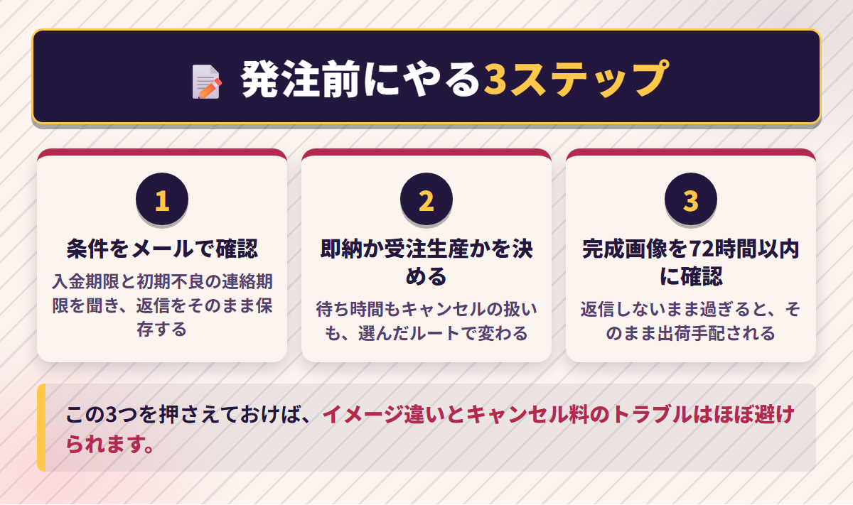 WHODOLLに発注する前の条件確認・購入ルートの決定・完成画像確認という3ステップを示した手順図