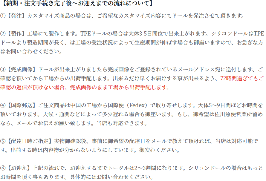 WHODOLLの納期と配送ページにある発注から製作、完成画像、国際郵送、お迎えまでの流れの説明