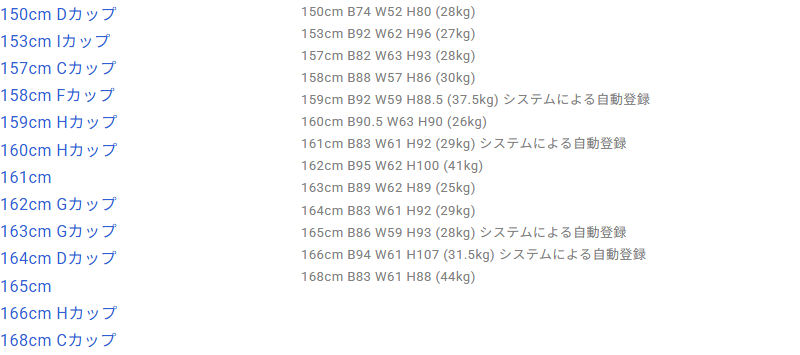 ラブドールDBに登録されたXT DOLLのボディ13体の一覧。163cm25kgや160cm26kgなど軽い登録が並ぶ