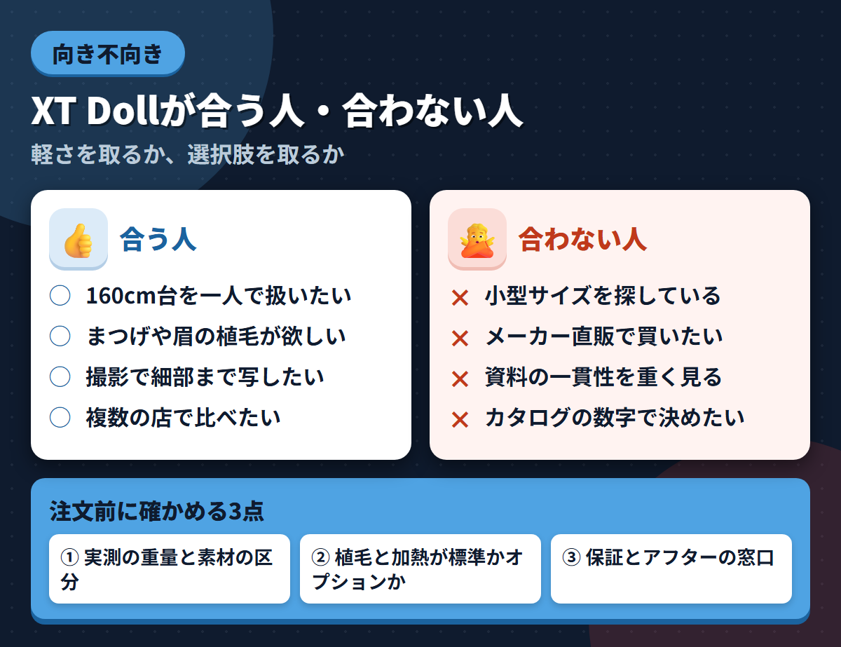 XT Dollが合う人と合わない人の条件を左右に対比し、注文前に確かめる3点を添えた図解