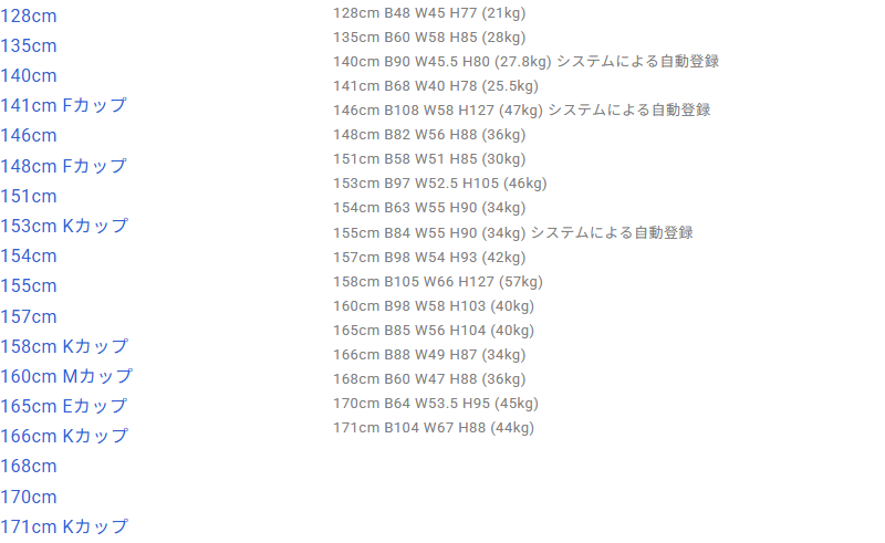 ラブドールDBに登録されたYL DOLLのボディ18体の一覧。128cm21kgから158cm57kgまでの身長と重量が並ぶ