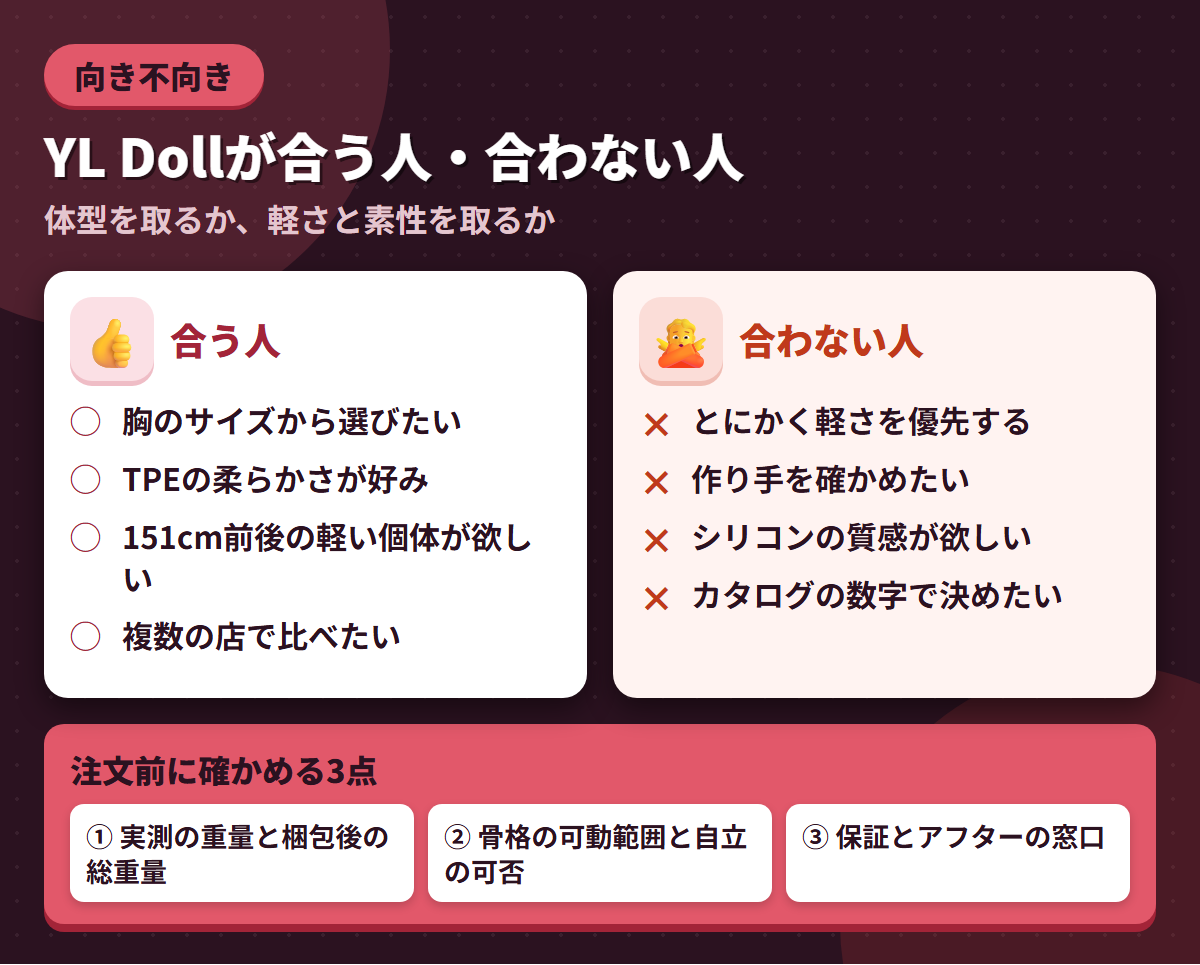 YL Dollが合う人と合わない人の条件を左右に対比し、注文前に確かめる3点を添えた図解