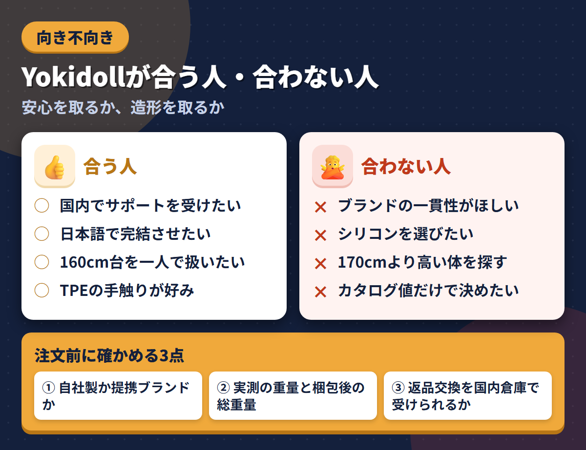 Yokidollが合う人と合わない人の条件を左右に対比し、注文前に確かめる3点を添えた図解