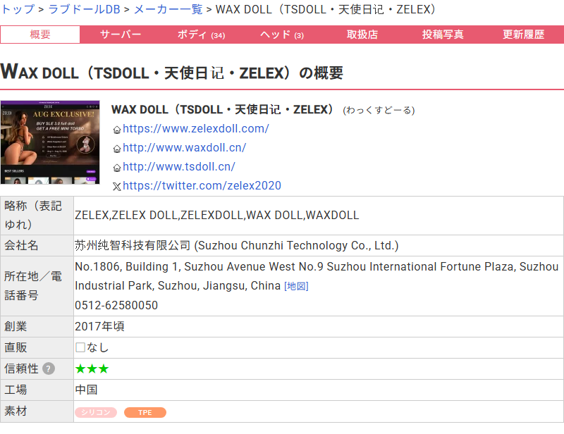 ラブドールDBに登録されたWAX DOLL(ZELEX)のプロフィール。会社名は苏州纯智科技有限公司、所在地は江蘇省蘇州市と記載されている