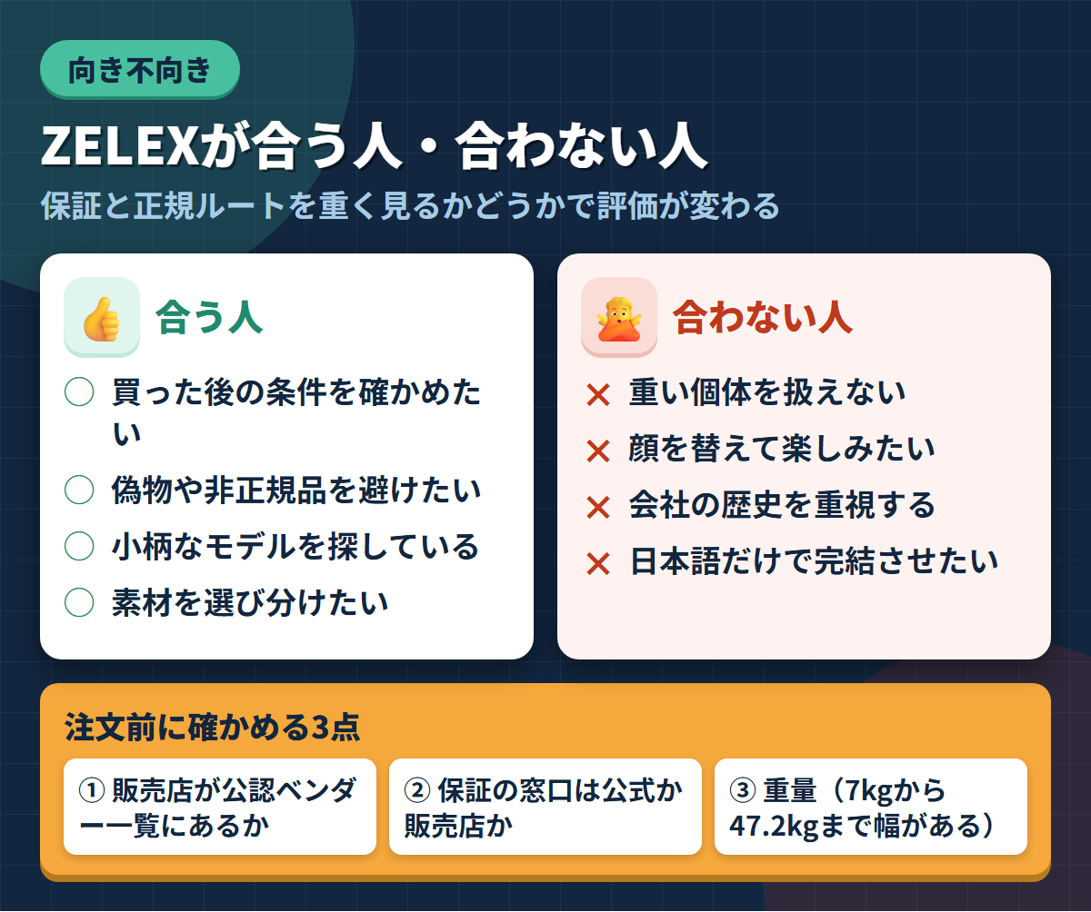 ZELEXが合う人と合わない人の条件を左右に対比し、注文前に確かめる3点を添えた図解